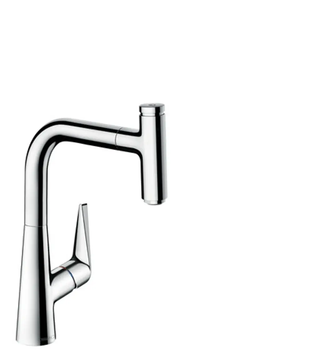 Hochglänzender Chrom-Spültischmischer von Hansgrohe mit Ausziehauslauf. Einfaches Design, geeignet für moderne Küchenanwendungen.